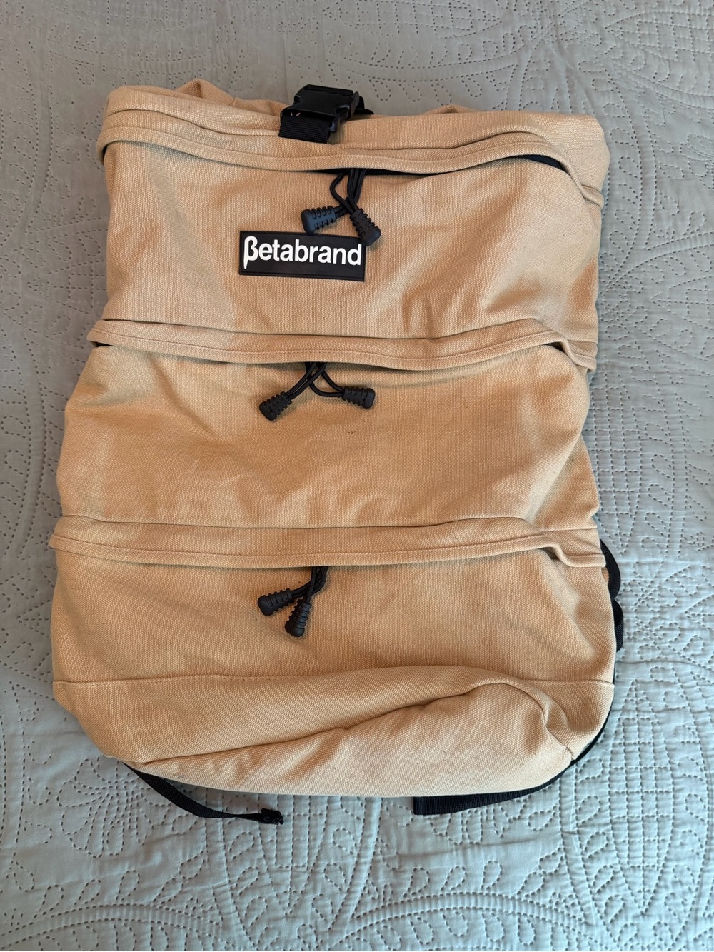 Betabrand Khaki Roll-Top Canvas Backpack with Multiple Zips